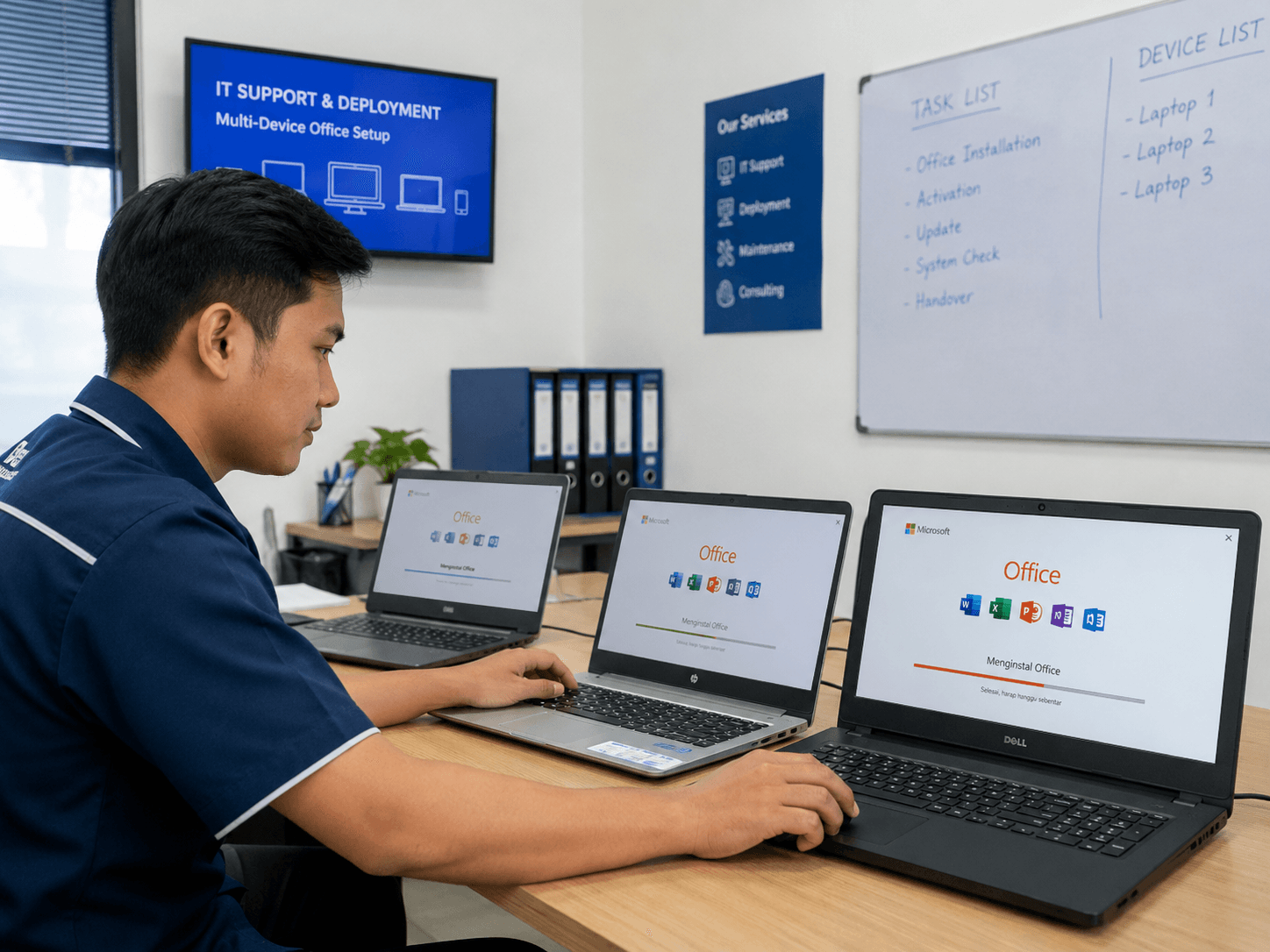 Ilustrasi instal Office pada beberapa laptop