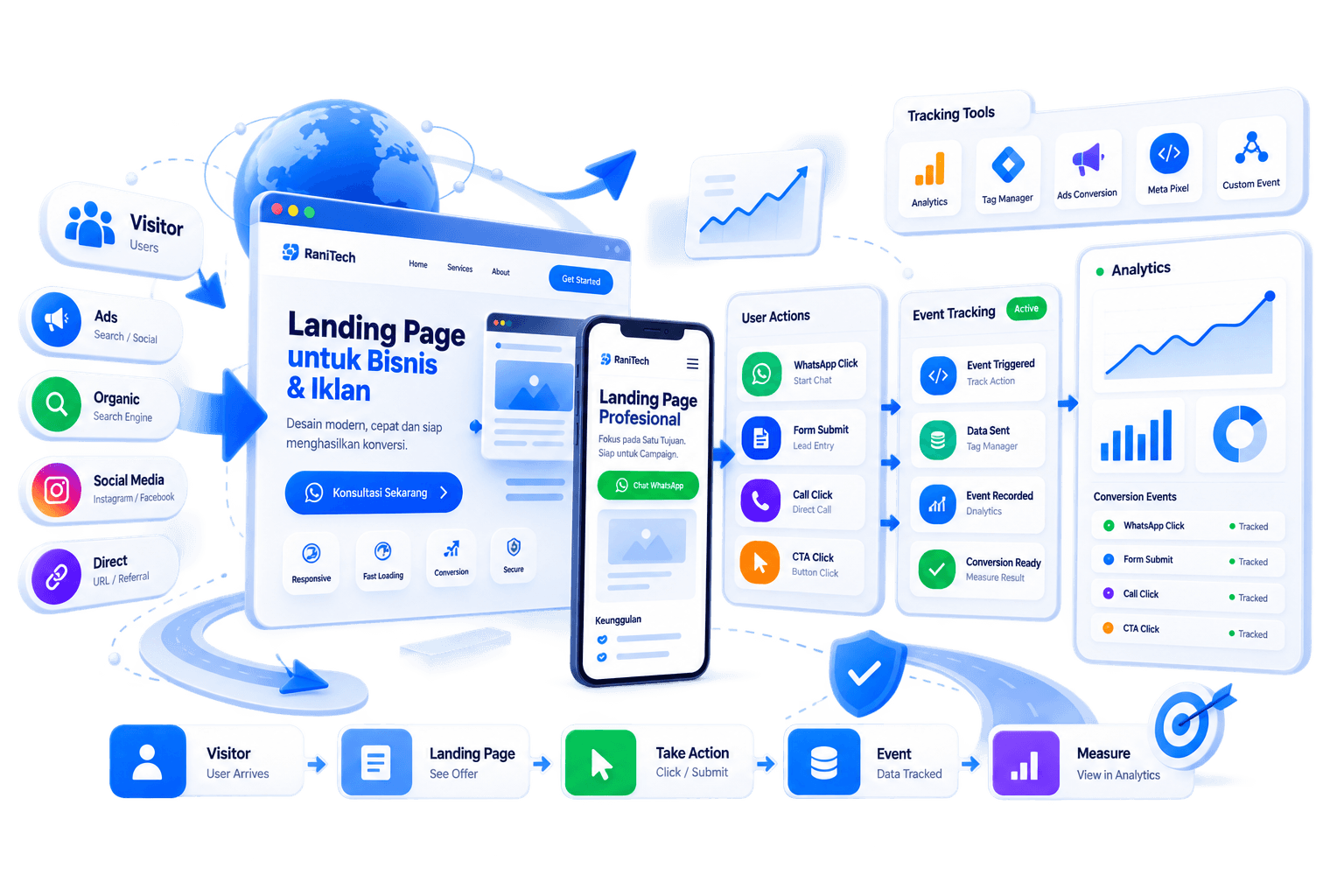 Ilustrasi alur tracking dan measurement landing page dari visitor, CTA, event hingga analytics