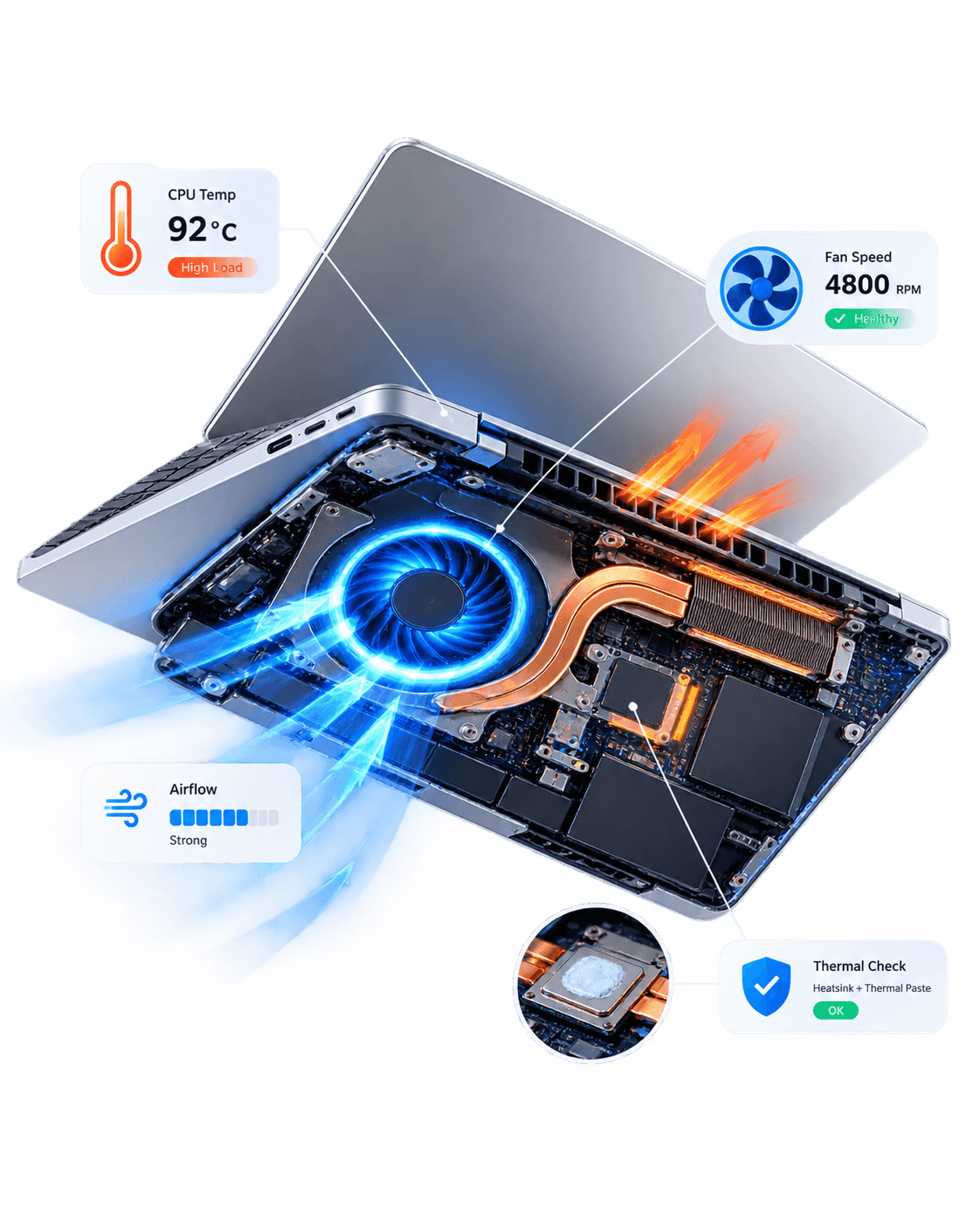 Ilustrasi sistem pendingin laptop, fan, heatsink, airflow dan thermal untuk service laptop RaniTech